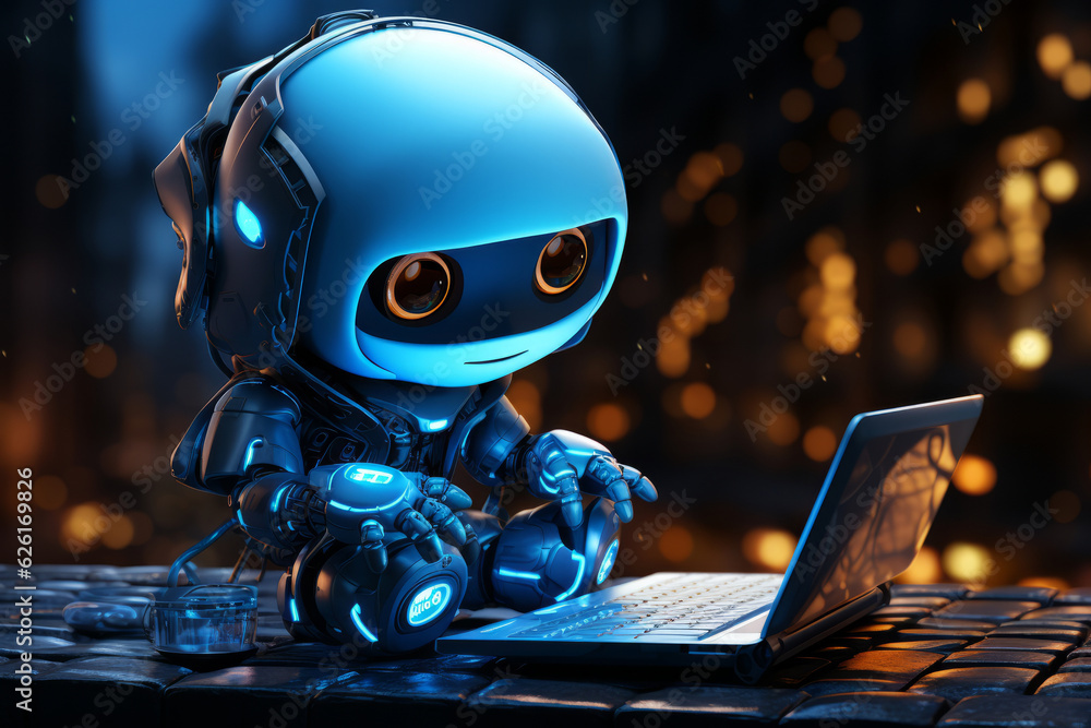 Poster a small robot sitting at the keyboard with the blue light. ai generated