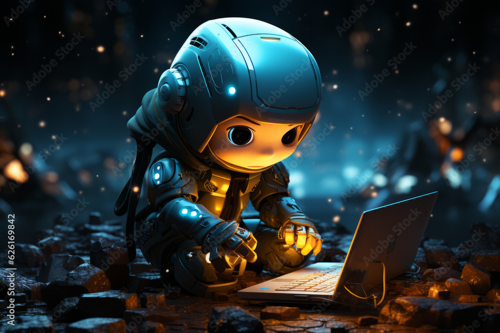 Poster a small robot sitting at the keyboard with the blue light. ai generated