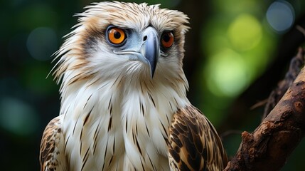 Naklejka premium A Philippine eagle (Pithecophaga jefferyi) perched on a tree in the dense forests of Mindanao, its magnificent crest and piercing eyes a proud image of national heritage.