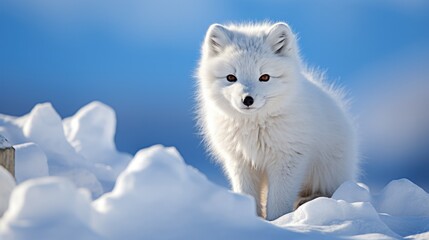 Fototapeta premium A lone Arctic fox (Vulpes lagopus) in the snowy expanses of Svalbard, its pure white winter coat blending almost perfectly with the pristine snow around it, its sharp blue eyes alert and focused.