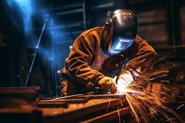 A man welder in brown uniform, welding mask, weld metal construction site. AI Generated