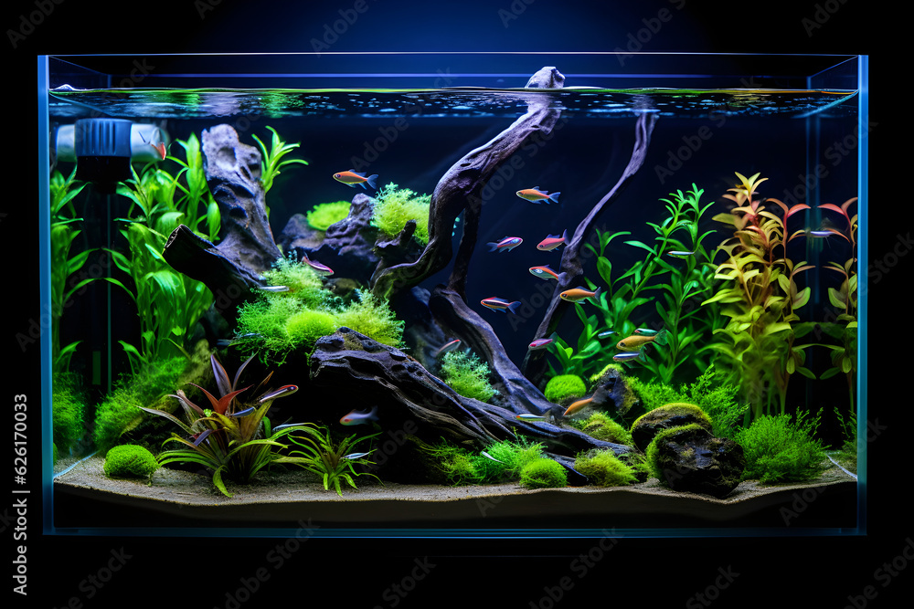 Wall mural freshwater planted aquarium with fishes and neon light