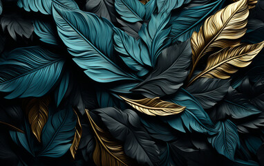 blue leaves on a black background. AI Generated - obrazy, fototapety, plakaty