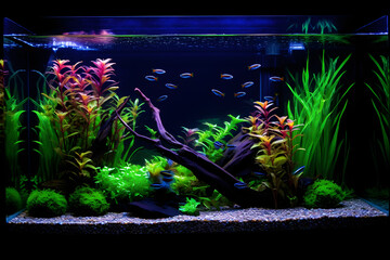 freshwater planted aquarium with fishes and neon light