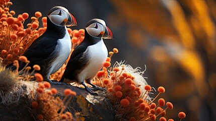 A pair of Atlantic Puffins (Fratercula arctica) sharing a tender moment on the rocky cliffs of Newfoundland, their brightly colored beaks and loving gaze a heartwarming sight.
