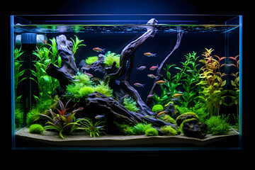 freshwater planted aquarium with fishes and neon light
