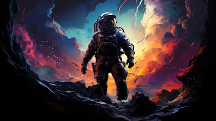 Fototapeta premium Astronaut explores outer dark space illustration . AI Generated