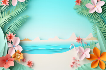 Fototapeta na wymiar colorful summer time background with tropical beach paper craft style. AI Generated