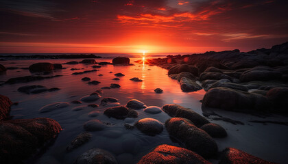 Fototapeta na wymiar Beautiful sunrise with the rocks in the foreground, the ocean and the sun in the background