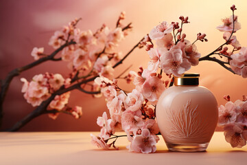 Commercial photography a perfume bottle on beige background. AI Generated