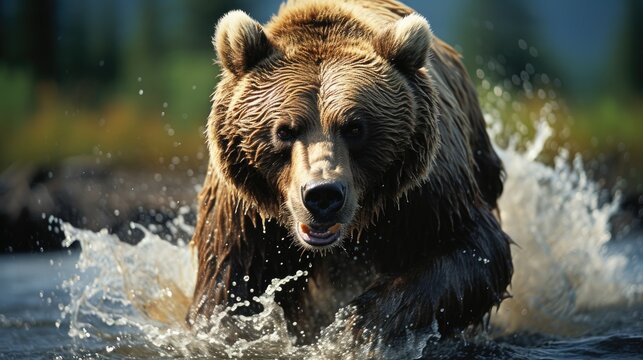 A grizzly bear (Ursus arctos horribilis) fishing for salmon in the fast-flowing rivers of Alaska, the powerful display of raw strength and dexterity a spectacle against the rugged wilderness.