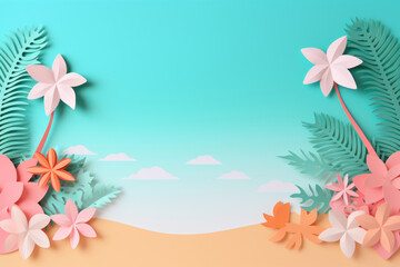 Naklejka na ściany i meble colorful summer time background with tropical beach paper craft style. AI Generated
