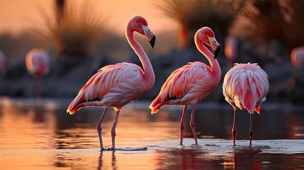Gardinen A group of flamingos (Phoenicopterus ruber) standing in the shallow waters of Tanzania's Lake Natron, their pink bodies reflected perfectly in the calm, salty water under the setting sun. © blueringmedia