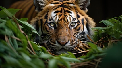 A Bengal tiger (Panthera tigris tigris) quietly stalking its prey through the thick underbrush of India's Sundarbans National Park, its striking orange and black coat a stark contrast to the lush gree