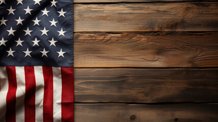 Flat lay wooden desk with usa flag on the top 4th of july. AI Generated