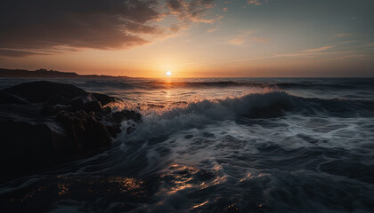 Obraz premium Foreground with rocks and the ocean and the background with the sun at sunrise