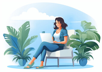 Happy freelancer with computer at home. Illustration. AI Generated
