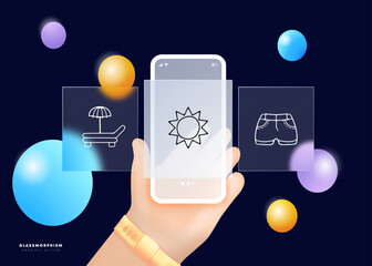 Summer vacation line icon. Sun, shorts, deck chair, umbrella, tan, weekend, tourism. Glassmorphism. UI phone app screens. Vector line icon