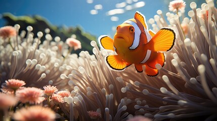 Naklejka na ściany i meble A shoal of clownfish (Amphiprioninae) among the waving sea anemones of the Great Barrier Reef, their orange and white bodies darting through the vibrant marine landscape.