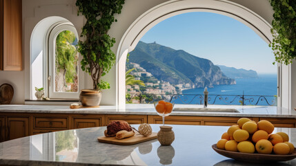 Mediterranean kitchen interior with a view of Santorini.