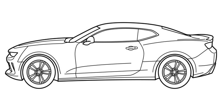 Ivano-Frankivsk, Ukraine - 10 July 2023: Outline drawing of a Chevrolet Camaro 2017 classic american muscule car, coupe sport car from side view. Vector doodle illustration, design for coloring book