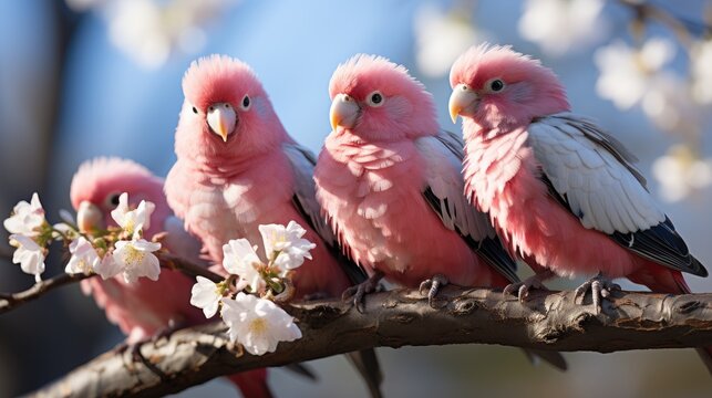 A group of Galahs (Eolophus roseicapilla) feeding on a grassy field in Australia, their pink and grey plumage a charming sight against the green grass.