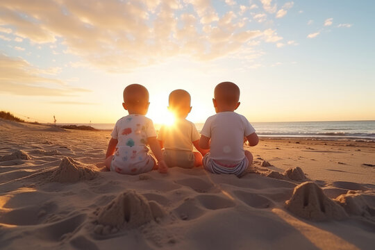 3 babies sit and play sand at the beach, back view, early in the morning, sunrise. AI Generated
