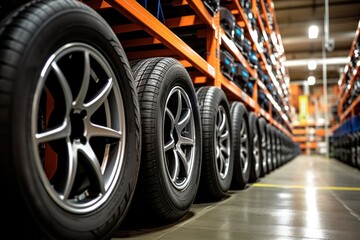 Tire rubber products , Group of new tires for sale at a tire store..