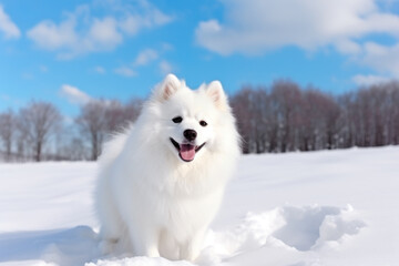 Fototapeta premium White dog Siberian Samoyed in the snow.