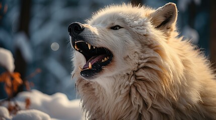 Obraz premium A Grey Wolf (Canis lupus) howling in the forests of Canada's Algonquin Provincial Park, its strong body and piercing eyes a powerful image against the snow-covered landscape.