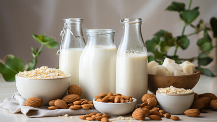 Present ingredient apart oat Chia seeds soya milk almond. AI Generated - obrazy, fototapety, plakaty