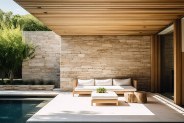 A modern, minimalist sandstone and wood mansion with a swimming pool.