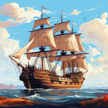Pilgrim ship. Mayflower. Thanks giving day. Illustration. AI Generated