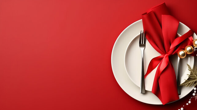 Plate with red napkin and cutlery, minimal Christmas table setting. AI Generated