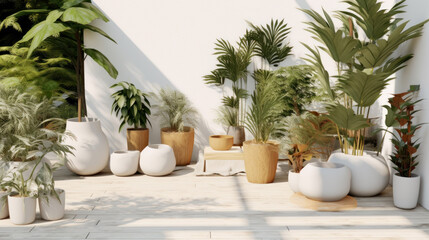 Sunny patio with large ceramic plant pots.