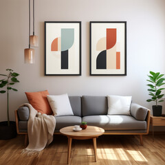 retro art trendy wall art grey white and black framed. AI Generated