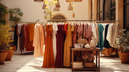 Shop for clothing, clothes shop on hanger at the modern shop boutique. AI Generated