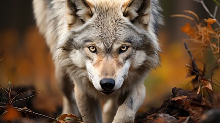 Obraz premium A grey wolf (Canis lupus) on the hunt in Yellowstone National Park, its piercing gaze and stealthy gait a picture of primal focus and intensity.