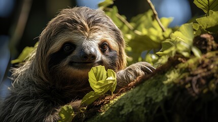 Fototapeta premium A slow-moving three-toed sloth (Bradypus variegatus) hanging from a tree in the Costa Rican rainforest, its shaggy fur a perfect match for the surrounding moss-covered branches.