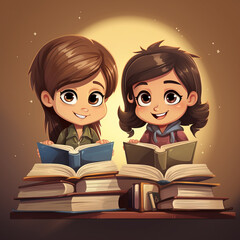 Two elementary school students are studying with books. AI Generated