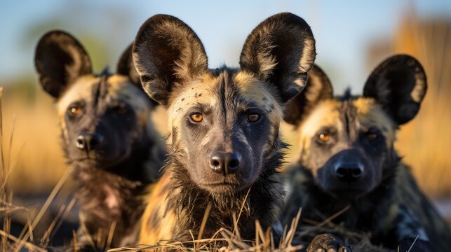 A group of African Wild Dogs (Lycaon pictus) resting in the shade in Botswana's Okavango Delta, their mottled coats and large, rounded ears a vivid sight on the green grass.