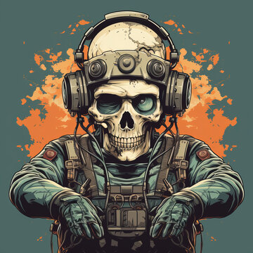 Skelton wearing army helmet with guns illustration. AI Generated