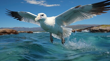 Fototapeta premium A Wandering Albatross (Diomedea exulans) gliding over the Southern Ocean, its incredibly wide wingspan a striking sight against the vast, empty expanse of water.