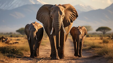 A family of African elephants (Loxodonta africana) crossing the arid landscapes of Kenya's Amboseli National Park, the towering Mt. Kilimanjaro looming majestically in the distance.