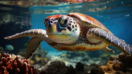Fototapeta premium A sea turtle (Cheloniidae) gliding effortlessly through the Great Barrier Reef, surrounded by a dazzling array of colorful coral and tropical fish.
