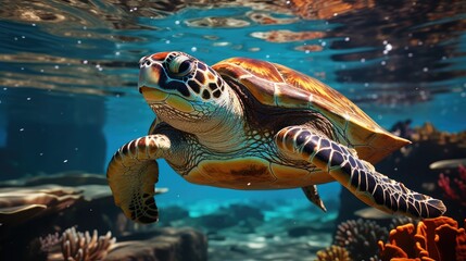 Obraz premium A sea turtle (Cheloniidae) gliding effortlessly through the Great Barrier Reef, surrounded by a dazzling array of colorful coral and tropical fish.
