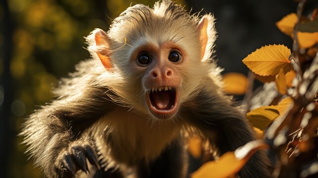 A Capuchin monkey (Cebus imitator) leaping between trees in the Costa Rican jungle, its agile body framed by the lush greenery and dappled sunlight.