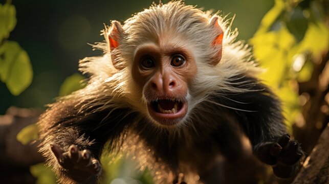 A Capuchin monkey (Cebus imitator) leaping between trees in the Costa Rican jungle, its agile body framed by the lush greenery and dappled sunlight.