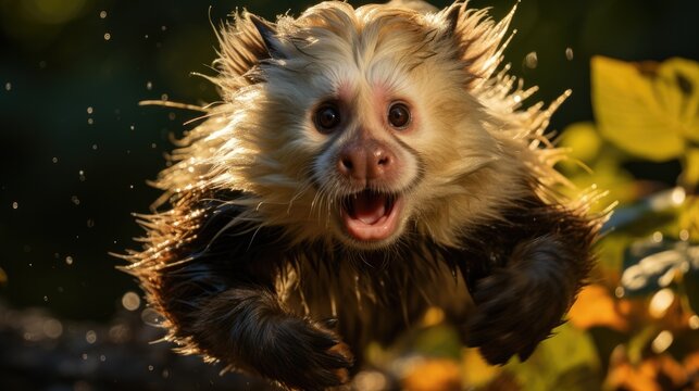 A Capuchin monkey (Cebus imitator) leaping between trees in the Costa Rican jungle, its agile body framed by the lush greenery and dappled sunlight.