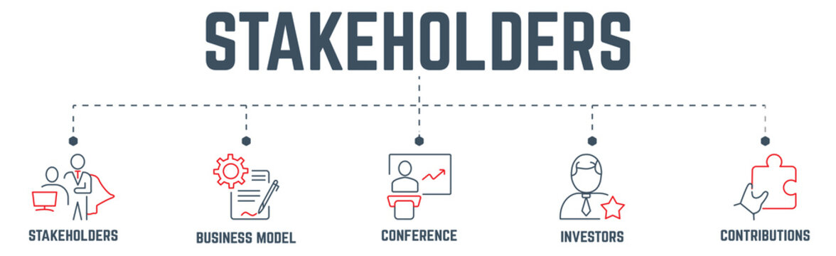 Stakeholder web banner with icon vector illustration concept for stakeholders, business model, conference, investors, and contributions, Related of Investors, government and creditors 